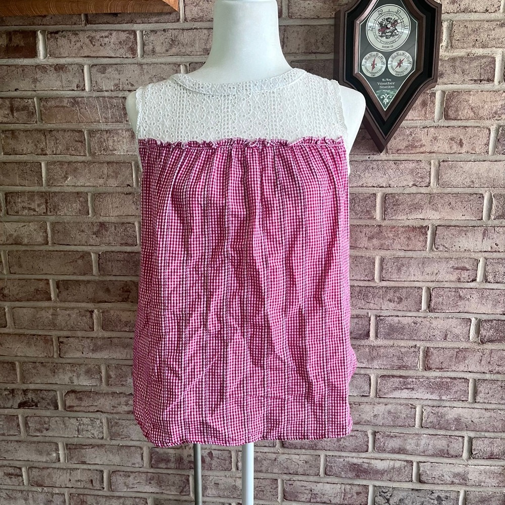 Red Gingham Top Women's L White Lace Sleeveless Casual Summer Cottagecore (K442)